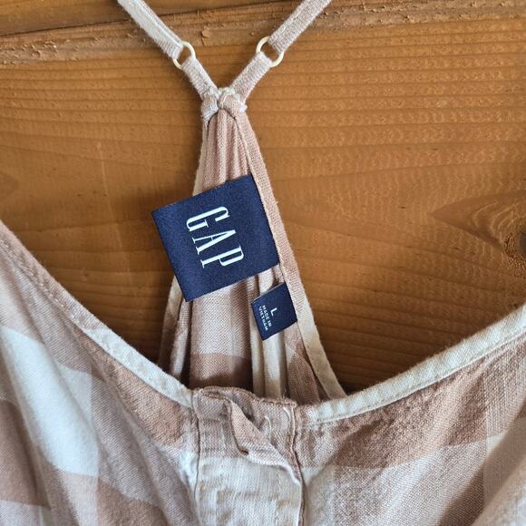 Gap Linen Blend Button Front Cami Maxi Dress Beige Gingham Tank Button Front L - Picture 4 of 6